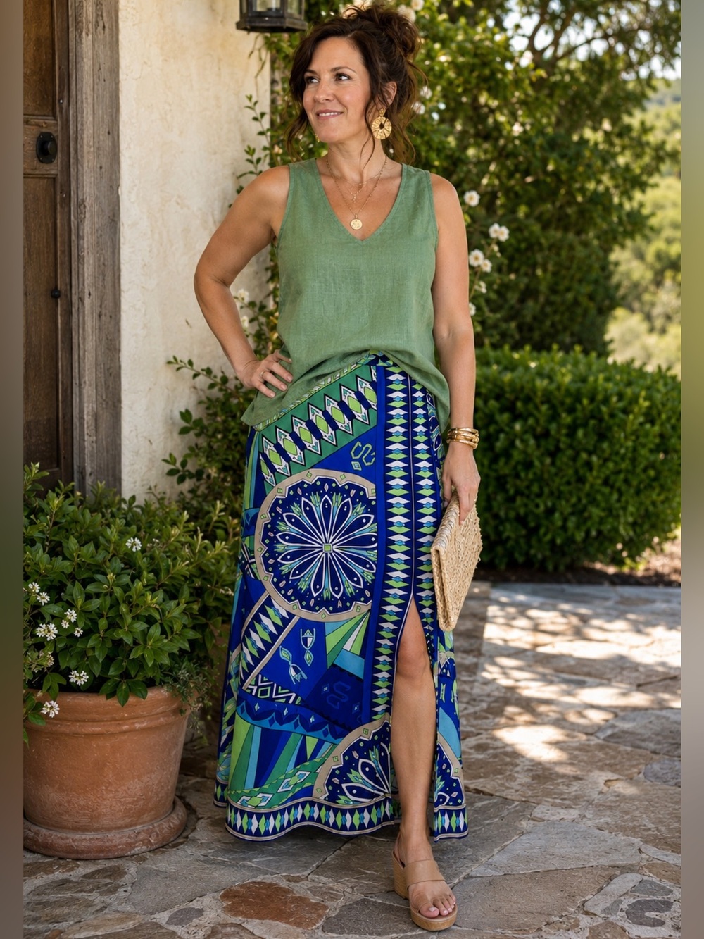Chico’s Blue & Green Abstract Print Maxi Skirt | Size M (8) | Front Slit